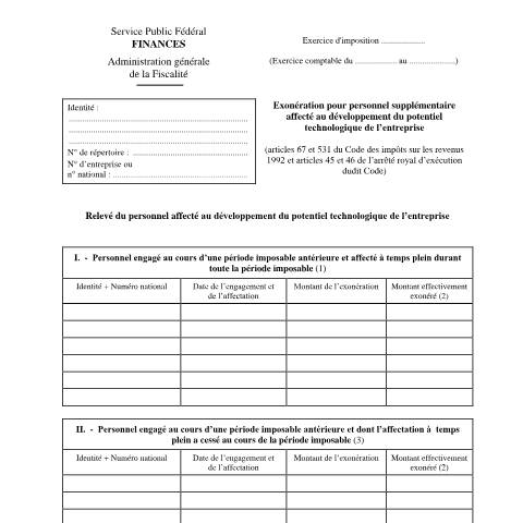 Aperçu du document Exonération pour personnel supplémentaire affecté au développement du potentiel technologique de l'entreprise — IPP INR/pers.phys., Belgique (CERFA n°155-276w2)
