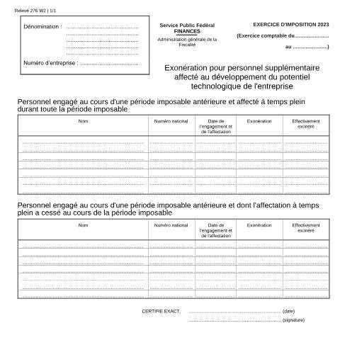 Aperçu du document Exonération pour personnel supplémentaire affecté au développement du potentiel technologique de l'entreprise (PDF, 136.94 Ko) — SPF Finances, Belgique (CERFA n°121-276-w2)