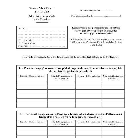 Aperçu du document Exonération pour personnel supplémentaire affecté au développement du potentiel technologique de l'entreprise — SPF Finances, Belgique (CERFA n°155-276w2)
