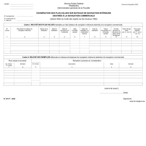 Aperçu du document Exonération des plus-values sur bateaux de navigation intérieure destinés à la navigation commerciale — SPF Finances, Belgique (CERFA n°155-276p)