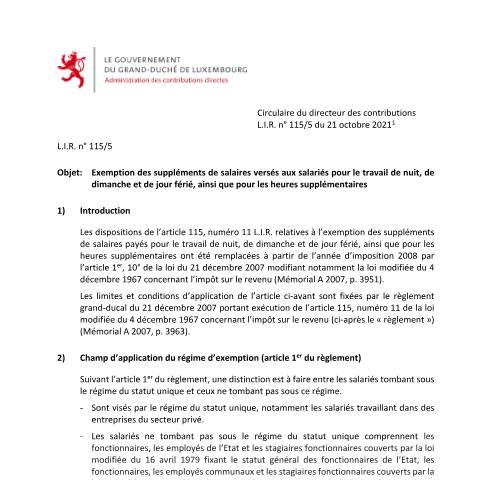 Aperçu du document Circulaire L.I.R. n° 115/5 du 21 octobre 2021 — Pour en savoir plus, Luxembourg (CERFA n°2021-10-22-LIR-115-5-du-21102021)