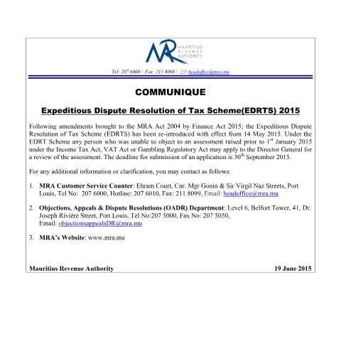 Document preview: Expeditious Dispute Resolution of Tax (EDRT) 2015 (19.06.15) — Document, Mauritius (CERFA n°edrt190615)