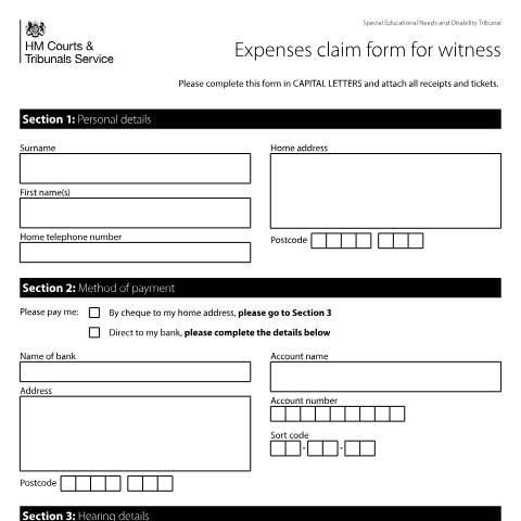 Document preview: Expenses claim for witnesses: Form SEND16A — HM Courts & Tribunals Service, United Kingdom