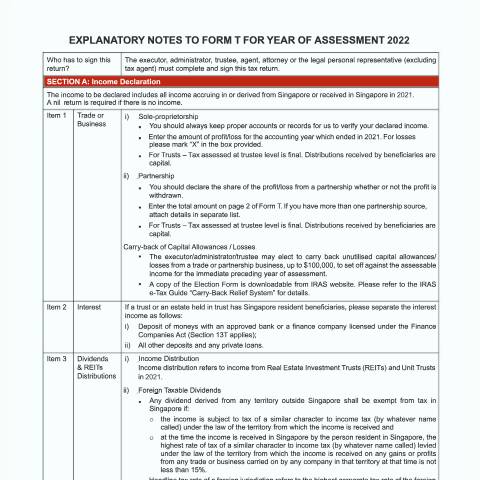 Document preview: Explanatory Notes to Form T for Year of Assessment 2022 — IRAS / Trust, Singapore (CERFA n°EXPLANATORY-NOTES-TO-FORM-T-FOR-YEAR-OF-ASSESSMENT-2022)