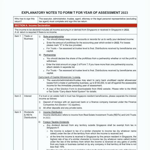 Document preview: Explanatory Notes to Form T for Year of Assessment 2023 — IRAS / Trust, Singapore (CERFA n°EXPLANATORY-NOTES-TO-FORM-T-FOR-YEAR-OF-ASSESSMENT-2023)
