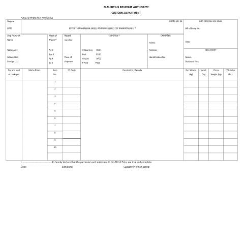 Document preview: Exports to Agalega, Rodrigues, St Brandon — Document, Mauritius (CERFA n°Form34ExportstoAgalegaRodriguesStBrandon)