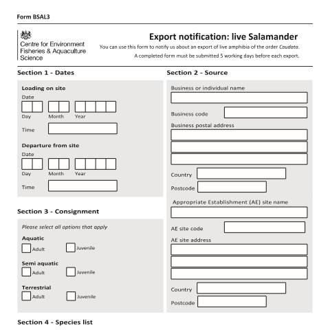 Document preview: Form BSAL3 : Export notification of live salamanders — Centre for Environment, Fisheries and Aquaculture Science, United Kingdom