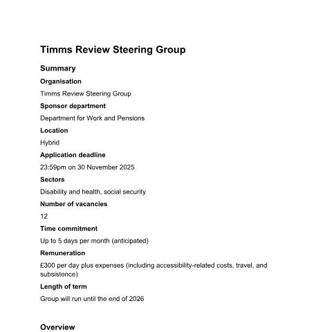 Document preview: Expression of interest to join the Timms Review steering group — Department for Work and Pensions, United Kingdom