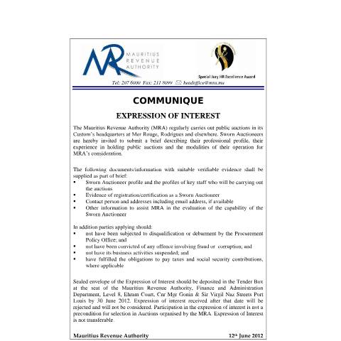 Document preview: Expression of Interest (12.06.2012) — Document, Mauritius (CERFA n°ExpressionOFInterest)