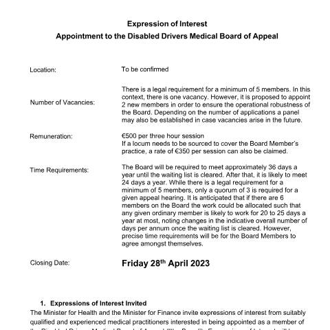 Document preview: Expression of Interest - Appointment to the Disabled Drivers Medical Board of Appeal — disabled drivers medical board of appeal information booklet e90a8c9d feb0 4d69 beed 8 — Department of Health, Ireland (CERFA n°FEB0)