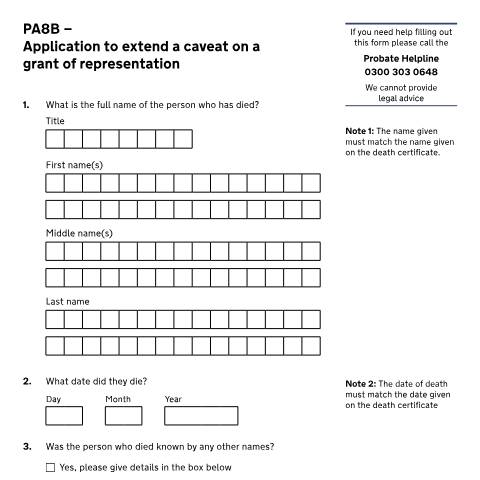 Document preview: Apply to extend a caveat on a grant of representation: Form PA8B — HM Courts & Tribunals Service, United Kingdom