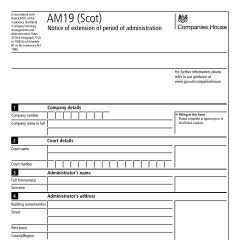 Document preview: Extend the period of administration for a Scottish company: AM19 (Scot) — Companies House, United Kingdom
