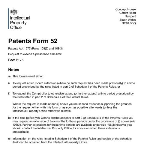 Document preview: Request to extend a prescribed time limit — Intellectual Property Office, United Kingdom