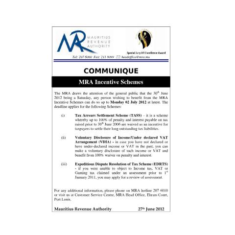Document preview: Deadline for MRA Incentive Schemes (27.06.2012) — Notice / Circular, Mauritius (CERFA n°CommuniqueMRAincentiveScheme2012)