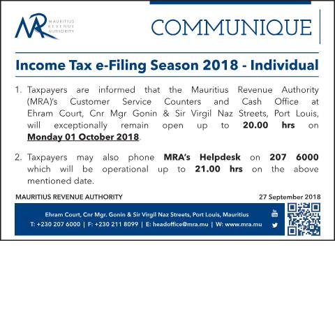 Document preview: Closing Hours : Individual Income Tax e-Filing Season 2018 (27.09.18) — Notice / Circular, Mauritius (CERFA n°Communique270918)