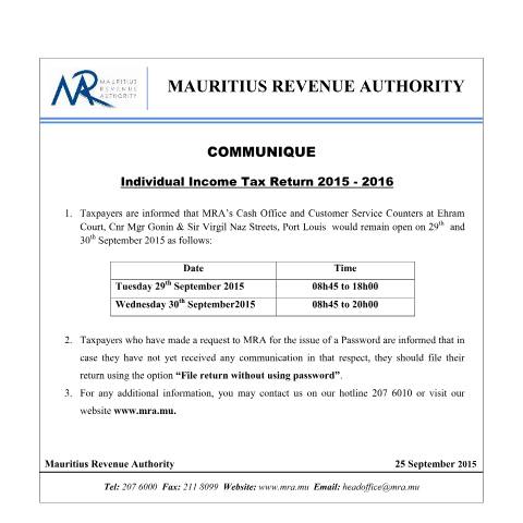 Document preview: Individual Income Tax Return : Closing Hours (28.09.15) — Form, Mauritius (CERFA n°ClosingHours)