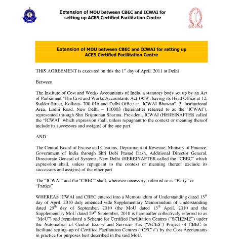 Document preview: EXTENSION AGREEMENT ICWAI 31 3 11 — gst, India (CERFA n°EXTENSION_AGREEMENT_ICWAI_31_3_11_)