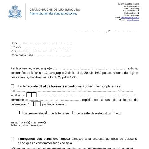 Aperçu du document Extension du débit de boissons alcooliques — Horeca, Luxembourg (CERFA n°extension)