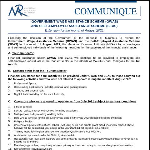 Document preview: Government Wage Assistance Scheme (GWAS) and Self-Employed Assistance Scheme (SEAS) : Extension for the month of August 2021 (26.08.21) — Notice / Circular, Mauritius (CERFA n°Communique260821)