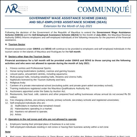 Document preview: Government Wage Assistance Scheme (GWAS) and Self-Employed Assistance Scheme (SEAS) : Extension for the month of July 2021 (30.07.21) — Notice / Circular, Mauritius (CERFA n°Communique300721)