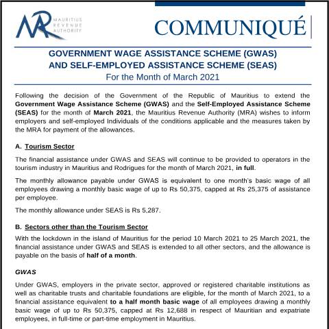 Document preview: Government Wage Assistance Scheme (GWAS) and Self-Employed Assistance Scheme (SEAS) (13.03.21) — Notice / Circular, Mauritius (CERFA n°COMMUNIQUE130321GWASandSEAS)