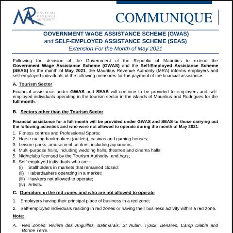Document preview: Government Wage Assistance Scheme (GWAS) and Self-Employed Assistance Scheme (SEAS) : Extension for the month of May 2021 (26.05.21) — Document, Mauritius (CERFA n°ExtensionGWASSEAS260521)