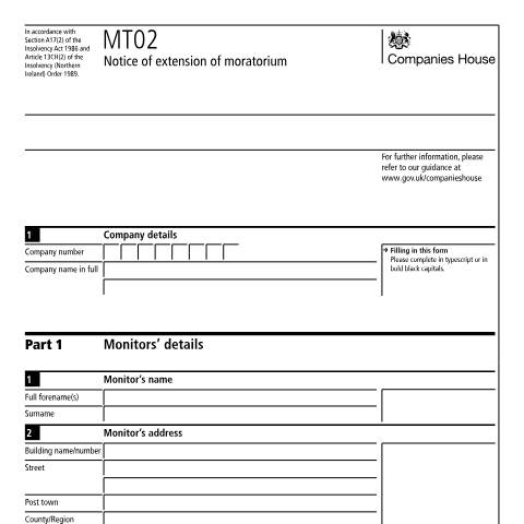 Document preview: Extension of a moratorium (MT02) — Companies House, United Kingdom