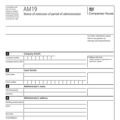 Document preview: Give notice of the extension of period of administration (AM19) — Companies House, United Kingdom