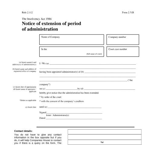 Document preview: Give notice of the extension of period of administration (2.31B) — Companies House, United Kingdom