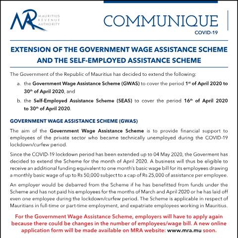 Document preview: Extension of the Government Wage Assistance Scheme and the Self-Employed Assistance Scheme (18.04.20) — Notice / Circular, Mauritius (CERFA n°CommuniqueExtension180420)