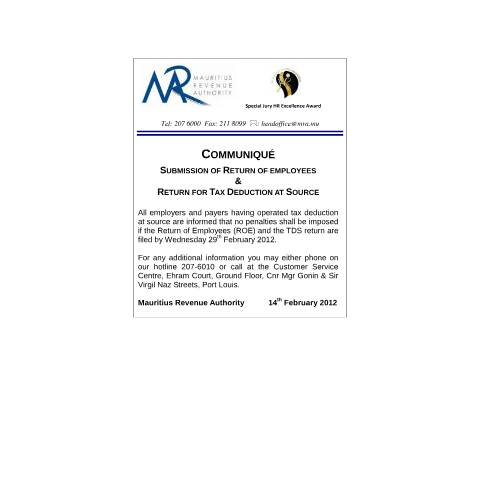 Document preview: Extension of Submission of Annual ROE and TDS (14.2.2012) — Notice / Circular, Mauritius (CERFA n°CommuniqueExtensionROE)