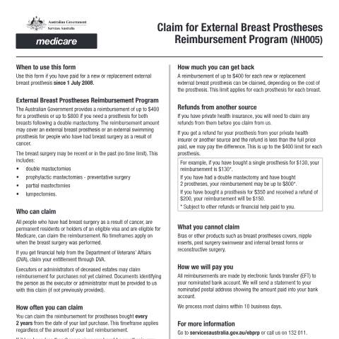 Document preview: Claim for External Breast Prostheses Reimbursement Program — Services Australia — Individuals (by code), Australia (CERFA n°NH005)
