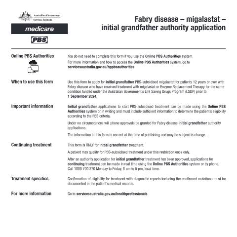 Document preview: Fabry disease - migalastat - initial grandfather authority application form (PB374) — Services Australia — Health professionals, Australia (CERFA n°PB374)