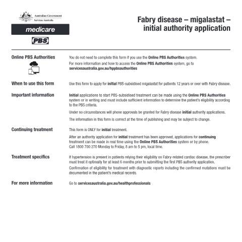 Document preview: Fabry disease - migalastat - initial authority application form (PB373) — Services Australia — Health professionals, Australia (CERFA n°PB373)