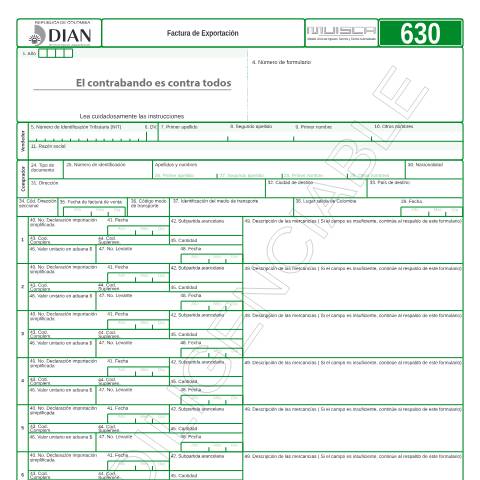 Vista previa del documento Factura de Exportación — Año 2011, Colombia (CERFA n°F630-2011)