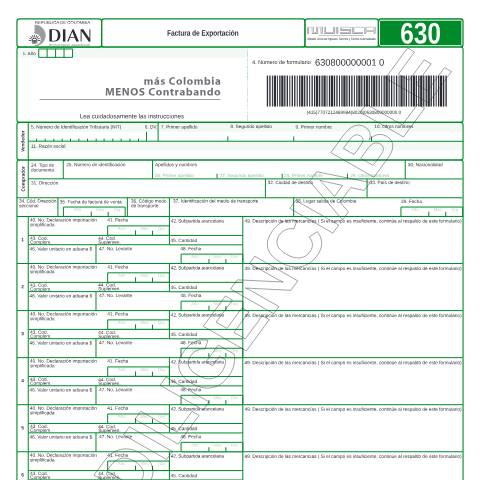 Vista previa del documento Factura de Exportación — Año 2013, Colombia (CERFA n°F630-2013)