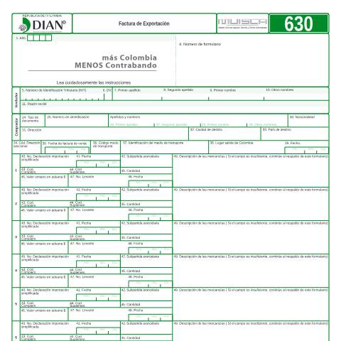 Vista previa del documento Factura de Exportación — Año 2015, Colombia (CERFA n°F630-2015)