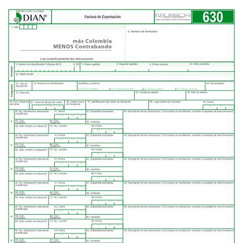 Vista previa del documento Factura de Exportación — Año 2018, Colombia (CERFA n°F630-2018)