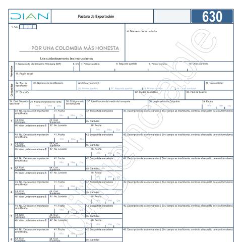 Vista previa del documento Factura de Exportación — Año 2023, Colombia (CERFA n°F630-2023)