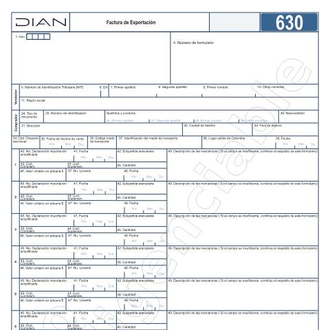 Vista previa del documento Factura de Exportación — Año 2024, Colombia (CERFA n°F630-2024)