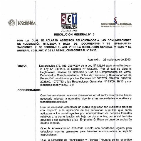 Vista previa del documento Resolución General Nro. 06 13 — Facturacion Y Timbrado, Paraguay