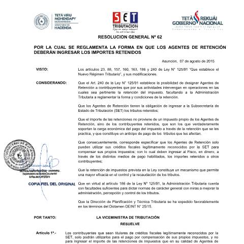 Vista previa del documento Resolución General Nº 62 15 — Facturacion Y Timbrado, Paraguay