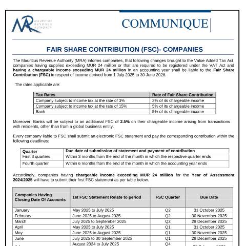 Document preview: Fair Share Contribution (FSC) - Companies (31.10.25) — Notice / Circular, Mauritius (CERFA n°Communique311025)