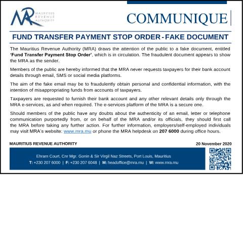 Document preview: Fund Transfer Payment Stop Order&nbsp;: Fake Document (20.11.20) — Regulation / Order, Mauritius (CERFA n°Scam201120)