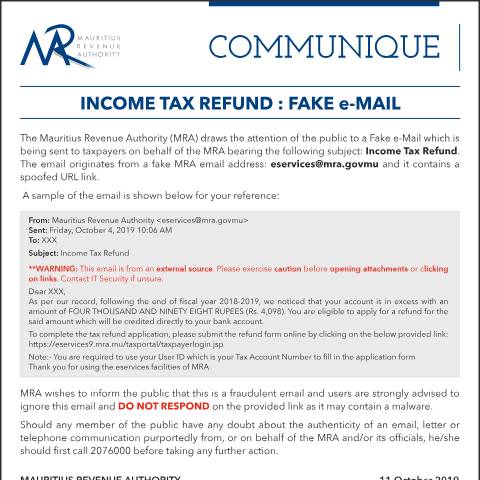 Document preview: Income Tax Refund : Fake e-Mail (11.10.19) — Notice / Circular, Mauritius (CERFA n°communique111019)