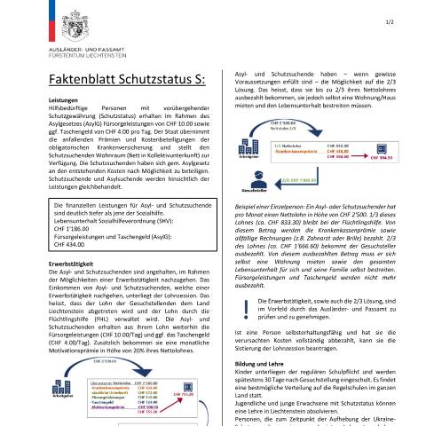 Dokumentvorschau: Faktenblatt schutzgewaehrung s status — Ausländer-/Passamt — Information Ukraine, Liechtenstein (CERFA n°faktenblatt-schutzgewaehrung-s-status)