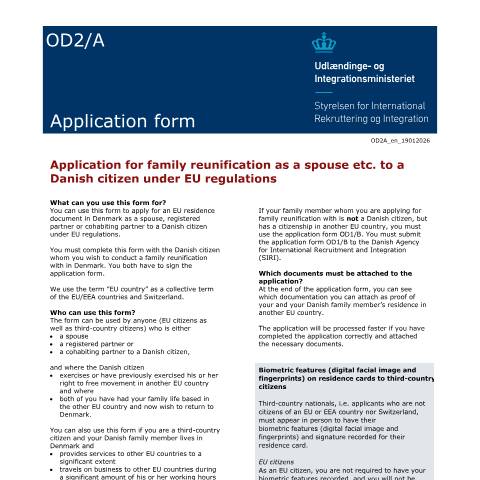 Document preview: OD2/A — Application for family reunification as a spouse etc. to a Danish citizen under EU regulations — SIRI / Application forms - SIRI, Danmark (CERFA n°OD2/A)