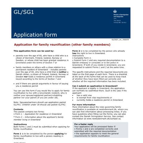 Document preview: Application for family reunification in Greenland (other family members) — Immigration Service / Application forms – The Danish Immigration Service, Danmark