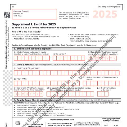 Dokumentvorschau: L1k-bF-EN — Supplement L 1k-bF for 2025 to Form L 1 or E 1 for the Family Bonus Plus in special cases — Steuern, Österreich (CERFA n°L1k-bF-EN)