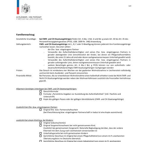 Dokumentvorschau: Checkliste — Ausländer-/Passamt — Familiennachzug, Liechtenstein (CERFA n°checkliste-fnz-ewr-und-ch)